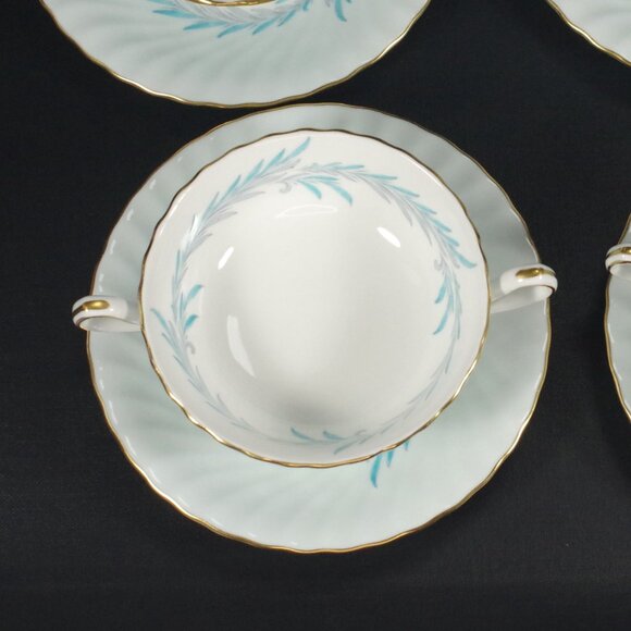 Set of 3 Minton "Symphony Blue" Footed Cream Soup Bowls and Saucers Bone China - Picture 7 of 7